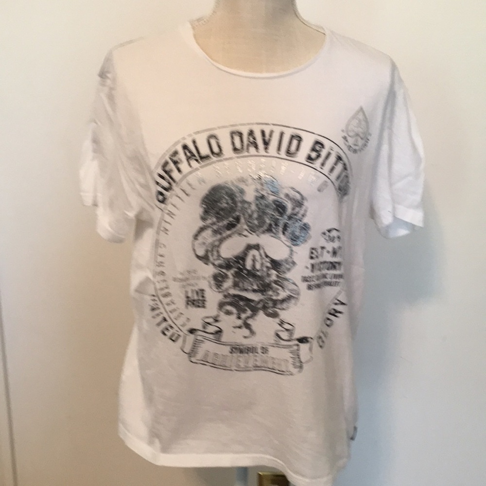 Buffalo David Bitton T-shirt white with blue lettering, size medium